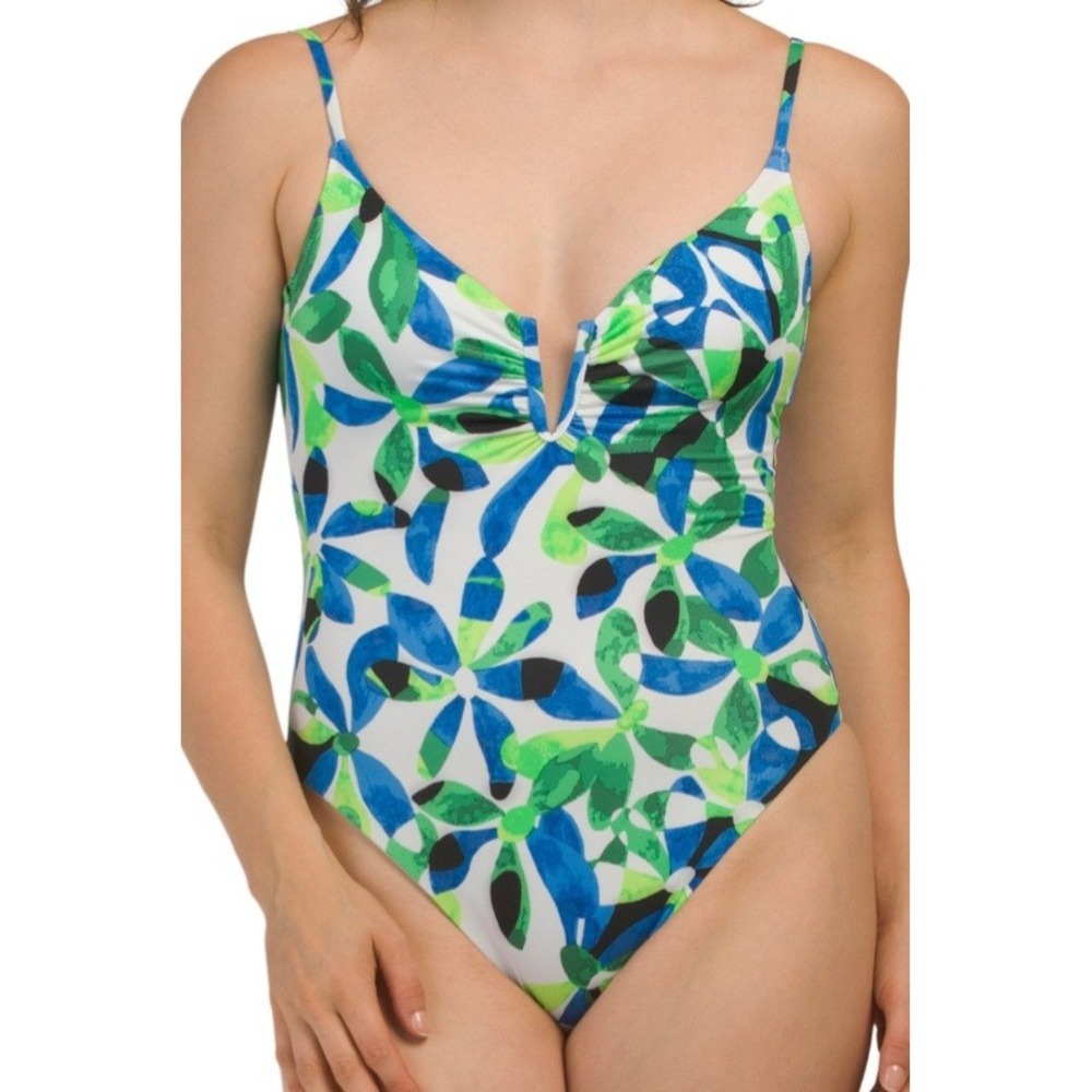 Sanctuary Floral One Piece Swimsuit Lace Up Back‎ Green Blue White Size M NWT